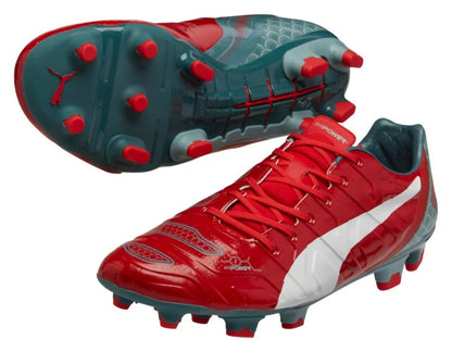 PUMA Evopower 12 Graphic FG Firm Ground Soccer Cleats High Risk Red White Sea Pine