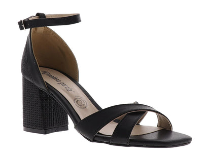 Sandalias Luna Rosa Negro Tacón Cuadrado para Mujer