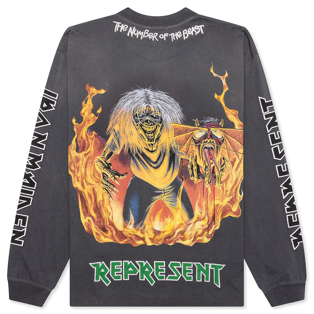 Represent x Iron Maiden Number Of The Beast Long Sleeve T Shirt Sunfade Grey