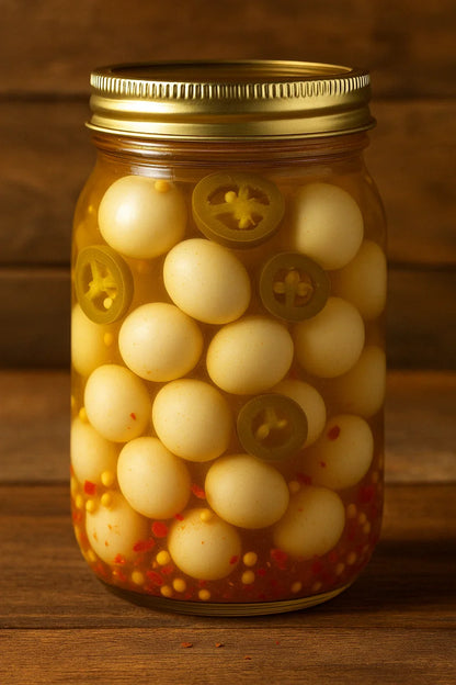 Spicy Cajun Pickled Quail Eggs in Jar, Jalapeño Infused Savory Snack