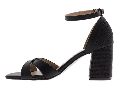 Sandalias Luna Rosa Negro Tacón Cuadrado para Mujer