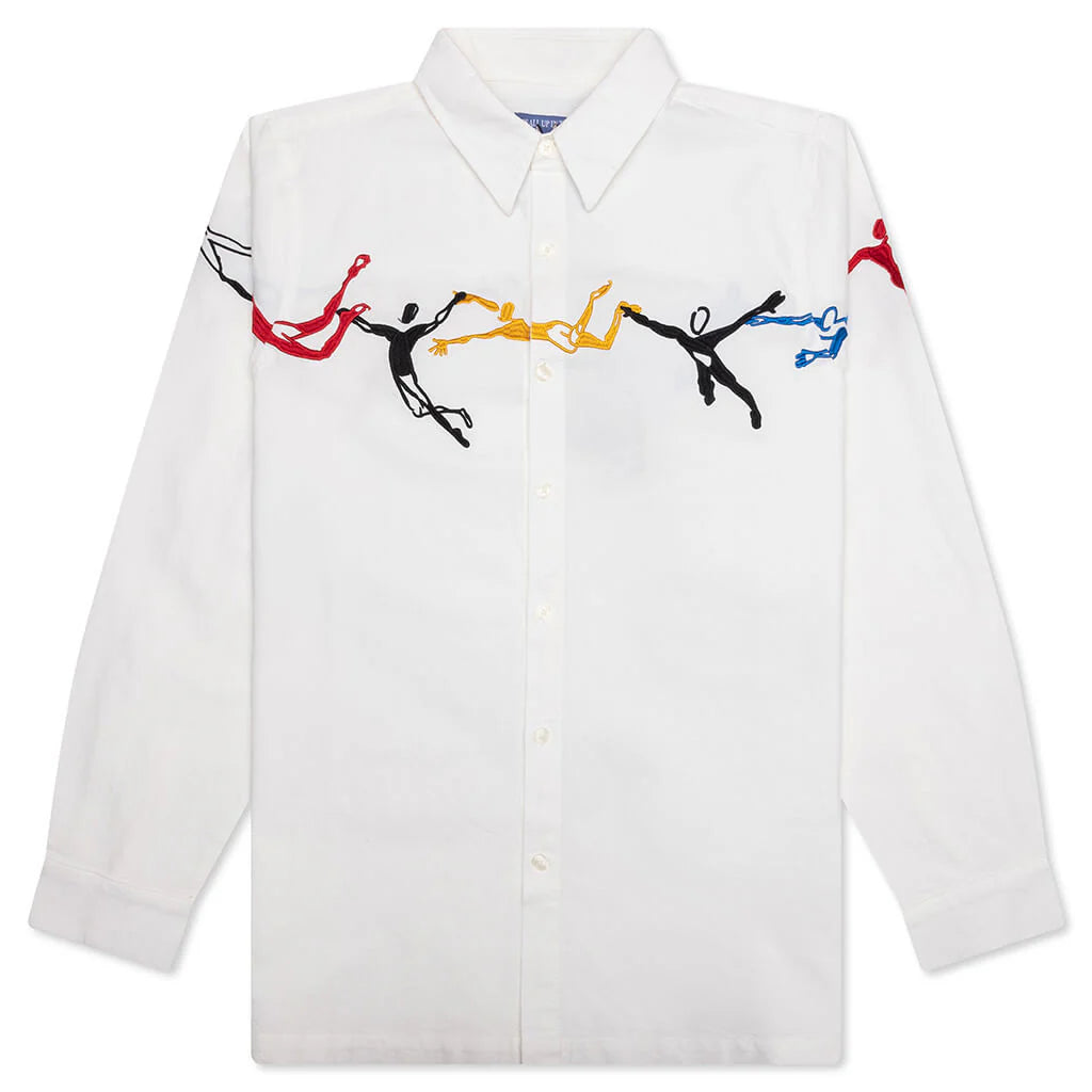 Embroidered Figures Button Up White