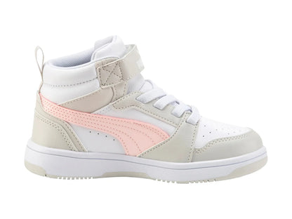 Tenis PUMA Rebound V6 Mid Blancos y Rosas para Niña