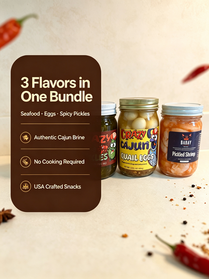 Cajun Spicy Pickled 3-Jar Bundle (Shrimp / Quail Eggs / Spicy Pickles)