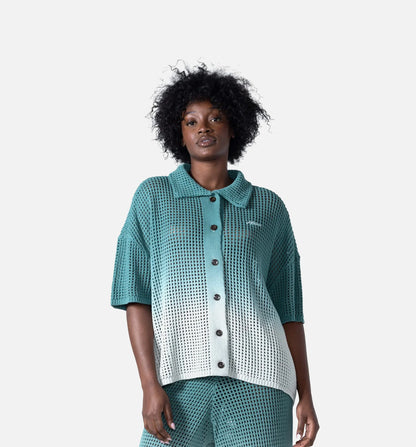 Crochet Ombre Button Up Womens Short Sleeve Shirt Green