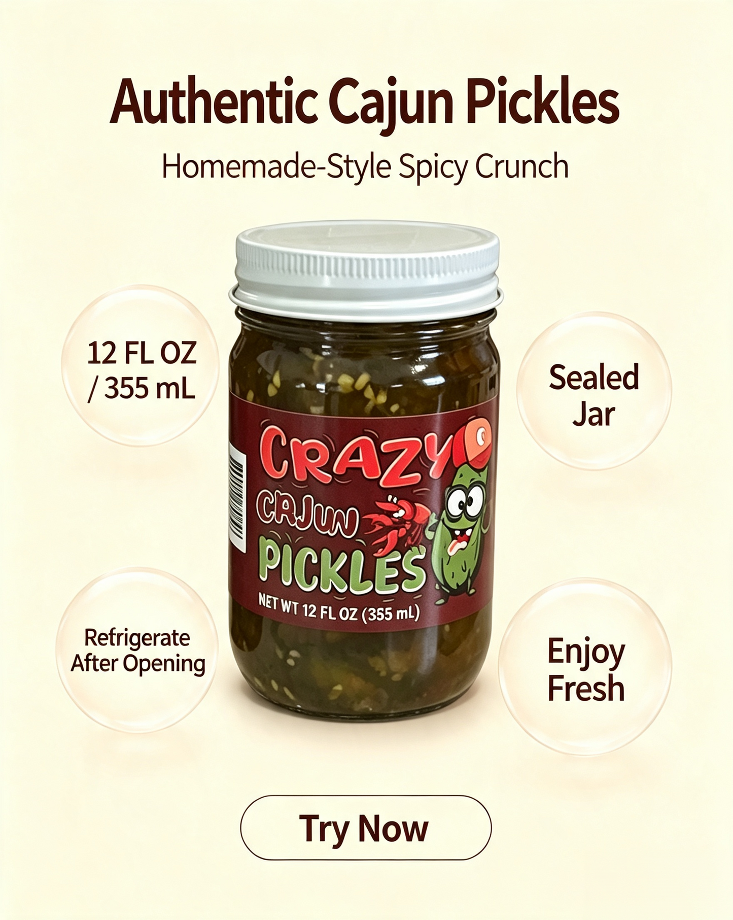 Homemade Cajun Crawfish Spicy Pickles 12 FL OZ, Multi-Purpose Savory Pickle Snack