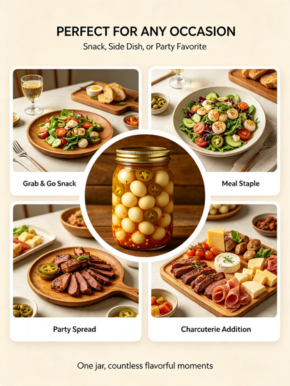 Spicy Cajun Pickled Quail Eggs in Jar, Jalapeño Infused Savory Snack