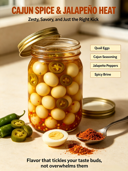 Spicy Cajun Pickled Quail Eggs in Jar, Jalapeño Infused Savory Snack