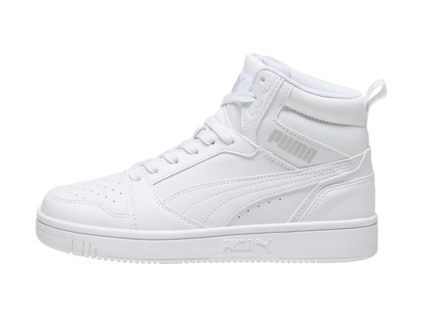 Tenis PUMA Rebound V6 Mid Blancos y Grises para Niño