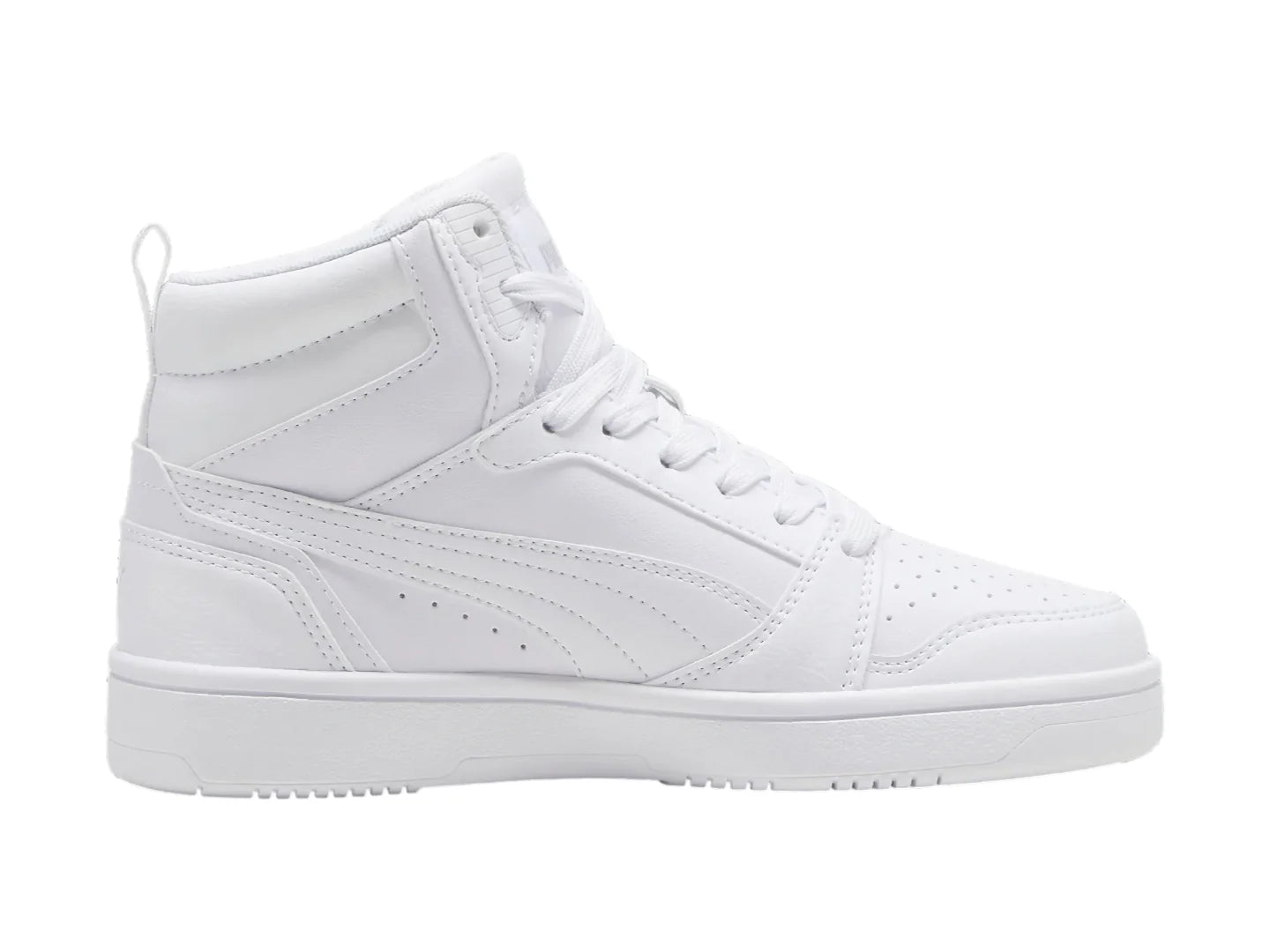 Tenis PUMA Rebound V6 Mid Blancos y Grises para Niño