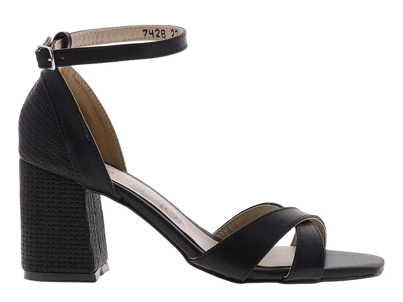 Sandalias Luna Rosa Negro Tacón Cuadrado para Mujer