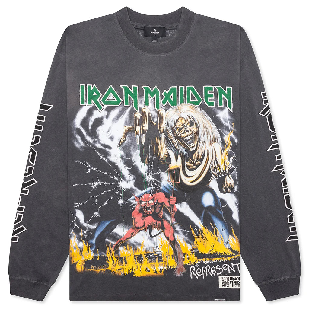 Represent x Iron Maiden Number Of The Beast Long Sleeve T Shirt Sunfade Grey