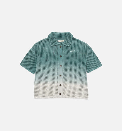 Crochet Ombre Button Up Womens Short Sleeve Shirt Green